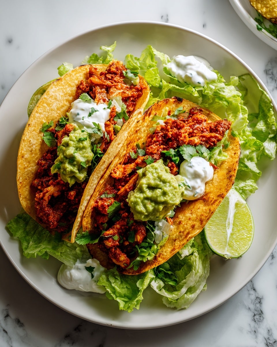 Two folded tacos with crispy golden-brown shells filled with reddish, textured chicken mixture sit on a bed of bright green lettuce leaves, arranged on a white plate. Beside the tacos are dollops of creamy white sour cream and chunky green guacamole. A wedge of lime rests on the right edge of the plate, adding a pop of light green. The plate is set on a white marbled surface, with hints of other dishes partially visible around the edges. photo taken with an iphone --ar 4:5 --v 7