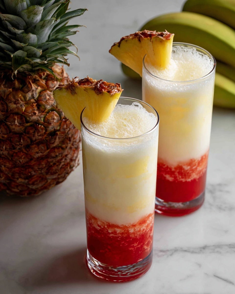 The image shows two clear tall glasses filled with a layered drink on a white marbled surface. Each glass has three visible layers: the bottom layer is bright red and thick, the middle layer is slightly mixed with red fading upwards, and the top layer is creamy white with a smooth texture. Both glasses are decorated with a wedge of pineapple on the rim. The background contains a whole pineapple and some green bananas placed on the white marbled surface. Photo taken with an iphone --ar 4:5 --v 7