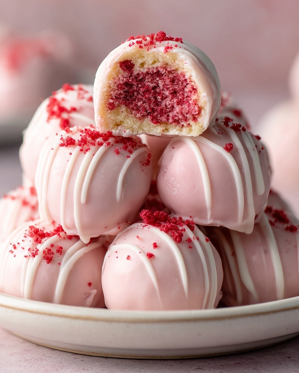 A close-up view of round cake balls stacked on a white plate, each covered in smooth pale pink coating with a light drizzle of white icing running diagonally on top; the pink coating is slightly glossy with a few clusters of red cake crumbs sprinkled over; one cake ball is cut in half, showing the inside with two layers: a dense, light cream-colored top layer and a moist, pink-red crumbly bottom layer. photo taken with an iphone --ar 4:5 --v 7