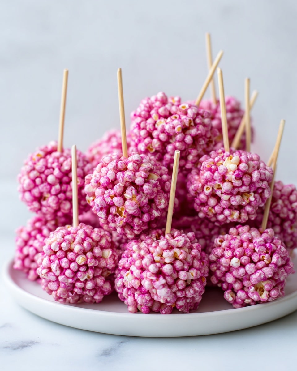 A white plate with many pink popcorn balls stacked on it, each ball made of light pink popcorn tightly packed together and shaped roughly round. Each ball is on a thin wooden stick, light brown in color, sticking out from one side. The popcorn has a glossy look, showing a sweet coating. The background is a white marbled texture. Photo taken with an iphone --ar 4:5 --v 7