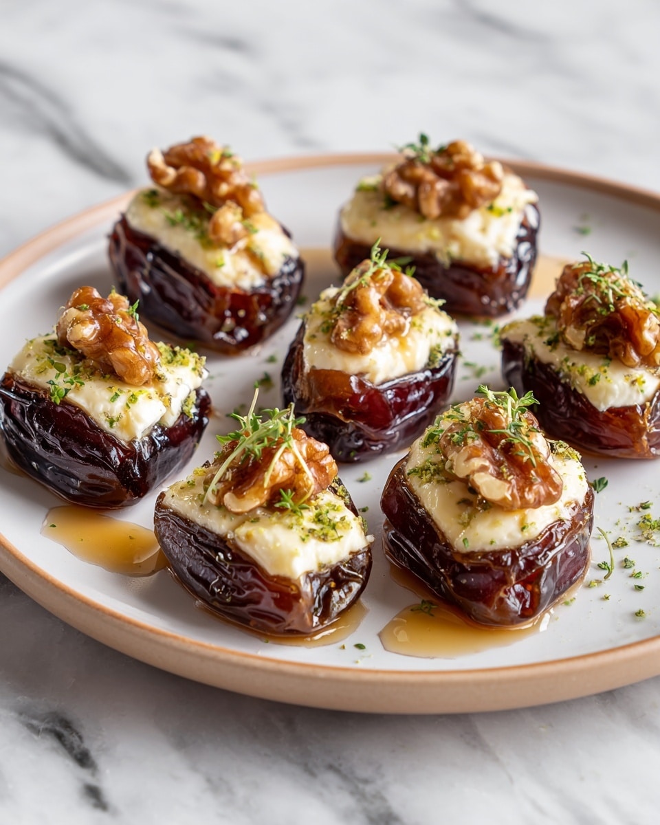 Seven dark brown dates are placed on a white plate with a light tan rim, each stuffed with a creamy white cheese layer. On top of the cheese, there are golden brown walnut pieces, and the dates are drizzled with a shiny dark amber syrup. Small green herb sprigs are scattered over the dates, adding a fresh touch. The plate is set on a white marbled surface. The overall presentation looks neat and appetizing, with the soft texture of the dates contrasting with the crunchy walnuts and smooth cheese. photo taken with an iphone --ar 4:5 --v 7