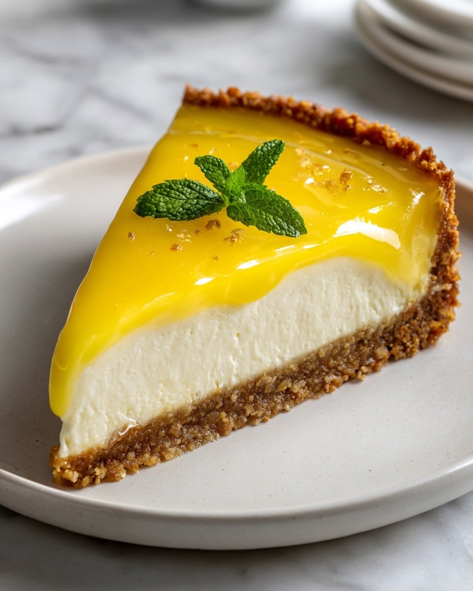 A close-up view of a single slice of lemon tart placed on a white plate, resting on a white marbled surface. The tart has three main layers: the bottom layer is a crumbly brown crust, the middle layer is creamy and pale yellow, and the top layer is a smooth, shiny bright yellow lemon glaze. Two small green mint leaves sit neatly on top as decoration. The edges of the crust are slightly crimped, adding texture. Photo taken with an iphone --ar 4:5 --v 7