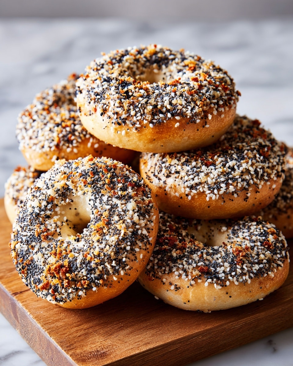 The image shows several plain bagels with a golden brown crust topped with a mix of seeds and seasoning including white sesame seeds, black poppy seeds, and small flakes of toasted onion or garlic, creating a textured and colorful topping. The bagels are resting on a wooden surface, with one bagel leaning on another, showing a soft light beige inside and a smooth but slightly firm dough texture on the outside. The mixture of toppings covers the top surfaces densely, giving the bagels a crunchy appearance. photo taken with an iphone --ar 4:5 --v 7