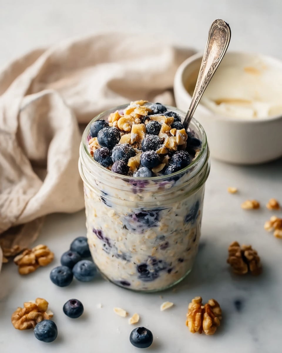 A clear glass jar filled with creamy oatmeal mixed with blueberries visible throughout. The top layer consists of whole blueberries and light brown walnut pieces, sprinkled lightly with a fine powder that adds texture. A vintage silver spoon is placed inside the jar. Around the jar, extra blueberries and walnuts are scattered on a white marbled surface, alongside a white bowl that contains a creamy substance. A soft beige cloth is draped casually near the jar. photo taken with an iphone --ar 4:5 --v 7