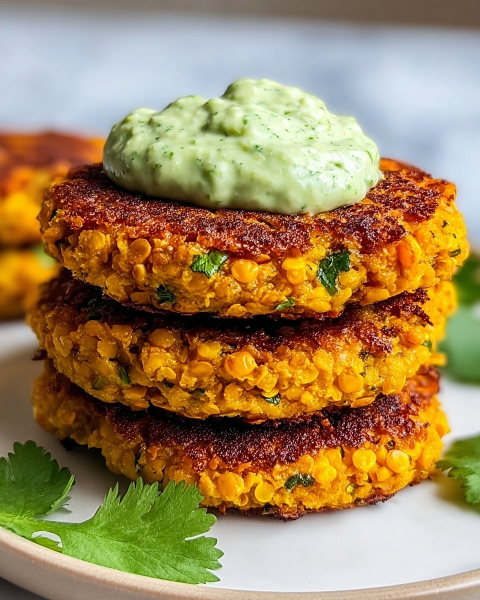 A stack of three golden-brown patties sits on a white plate with a few green cilantro leaves peeking from the sides. Each patty has a crispy outside with a textured surface showing bits of yellow lentils and green herbs inside. On top of the stack is a generous dollop of creamy, light green sauce with visible herbs mixed in, giving it a slightly chunky texture. The whole image is set against a soft, blurred background and the plate is on a white marbled texture. photo taken with an iphone --ar 4:5 --v 7
