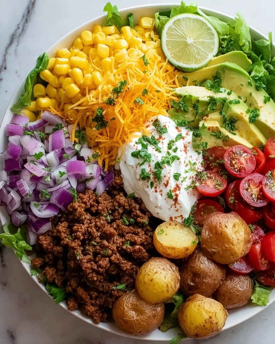 A white plate filled with a colorful mix of foods arranged in sections on a white marbled surface. Starting from the top left, there is bright yellow corn mixed with green herbs, next to a wedge of green lime. Beside the corn, shredded orange cheddar cheese surrounds a dollop of white sour cream sprinkled with green herbs and a touch of red spice. To the right, halved red cherry tomatoes sit next to slices of light green avocado sprinkled with more green herbs. Below the avocado, cooked brown ground meat is laid out, and next to it, golden-brown roasted baby potatoes are placed near the bottom center. On the bottom left, there are pieces of chopped purple onions over a bed of green lettuce. All the items are vibrant and textured with fresh herbs scattered on top. photo taken with an iphone --ar 4:5 --v 7