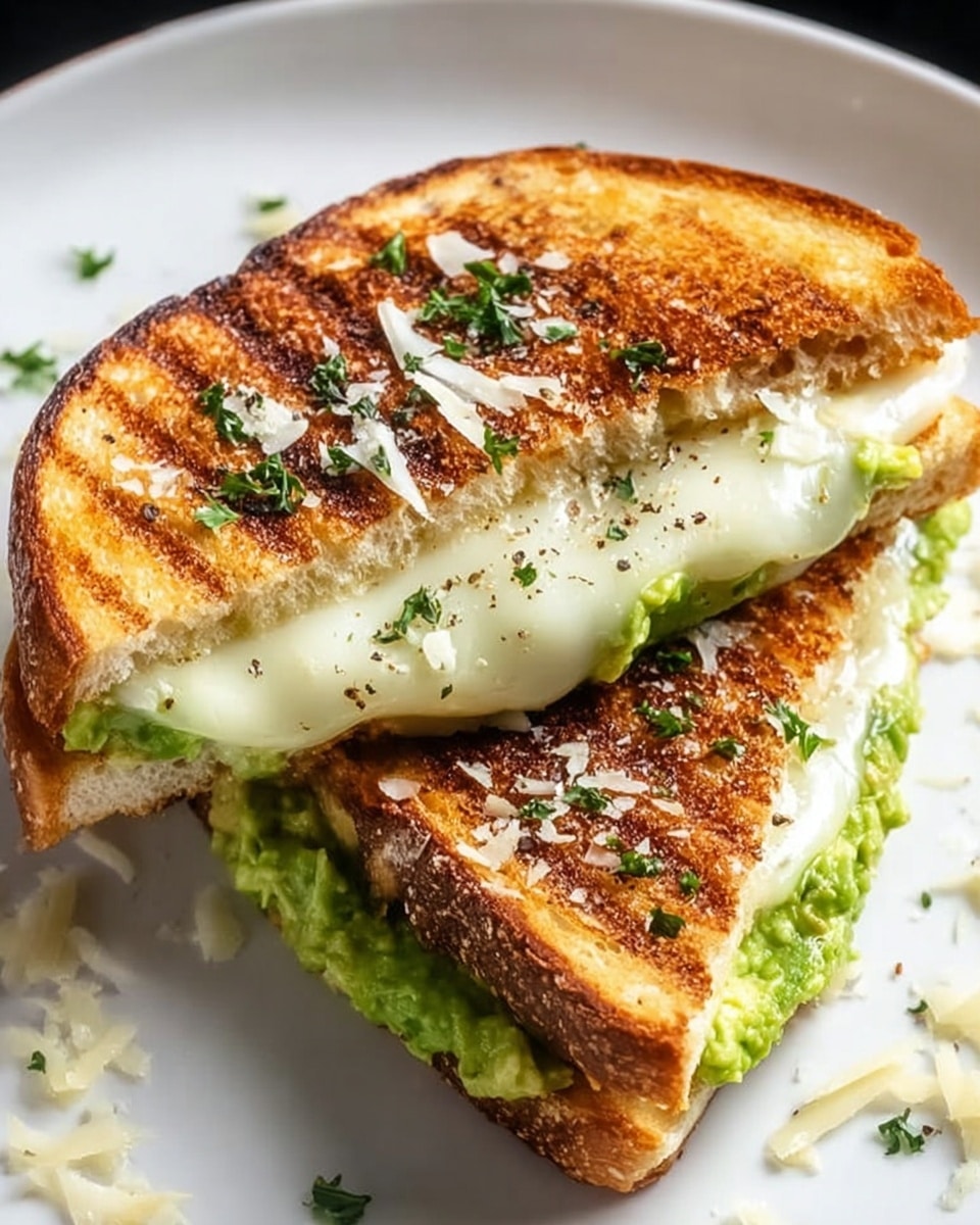 A toasted sandwich on a white plate with a black pan underneath, showing two slices of golden brown bread with a slightly crispy texture; inside, there is a thick layer of green avocado spread at the bottom, topped with a melted layer of white cheese slightly browned on the edges, garnished with small bits of chopped green herbs; some grated cheese is scattered around on the black pan. Photo taken with an iphone --ar 4:5 --v 7