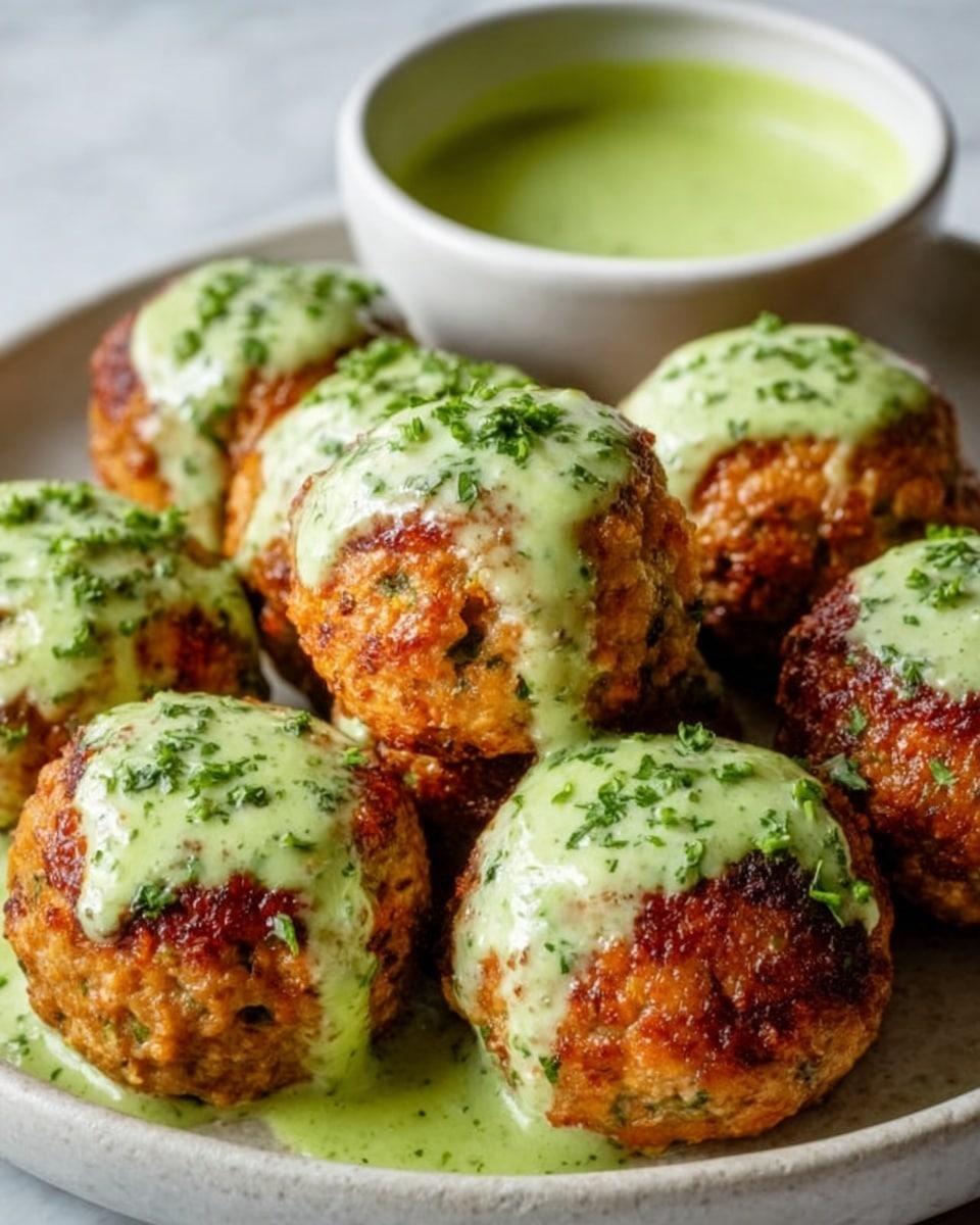 The image shows a close-up of round grilled meatballs arranged on a white surface, each topped with a thick, smooth green sauce that slightly drips down the sides. The meatballs are browned with slight char marks and garnished with small green herb flakes. In the background, there is a white bowl filled with the same green sauce, placed on a white marbled surface. The scene is bright and fresh, highlighting the texture of the meatballs and the creamy sauce. Photo taken with an iphone --ar 4:5 --v 7