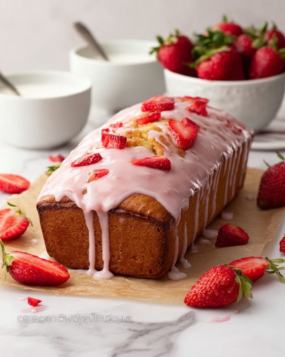 A rectangular loaf cake with a golden-brown color sits on light brown parchment paper over a white marbled surface. The cake has one main layer covered by a thick, pink glaze that drips down the sides, pooling slightly at the base. Small pieces of fresh red strawberries are scattered on top of the glaze and around the cake. Several whole and halved strawberries surround the cake on the surface. In the background, a white bowl filled with strawberries and two white bowls with milk or cream add to the scene. photo taken with an iphone --ar 4:5 --v 7