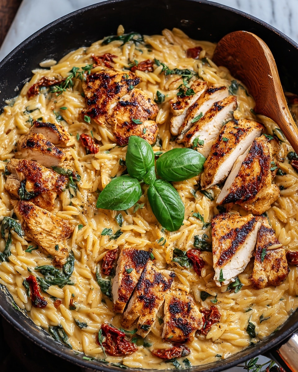 A close-up view of a black pan filled with creamy orzo pasta in a light golden color, mixed with dark green leafy herbs and scattered sun-dried tomatoes that add deep red accents. On top of the orzo are several pieces of golden grilled chicken breasts with brown sear marks, arranged in a loose circle. A few fresh bright green basil leaves are placed on the center for garnish. A wooden spoon rests inside the pan on the right side. The setting is on a white marbled surface with natural light highlighting the glossy texture of the sauce and the juicy chicken. Photo taken with an iphone --ar 4:5 --v 7