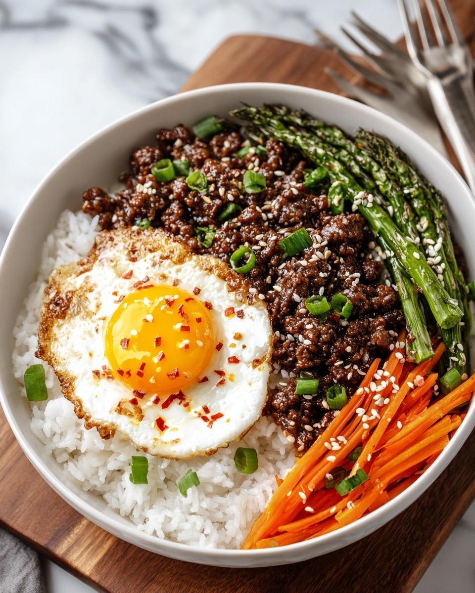 A white bowl filled with three layers starting at the bottom with a bed of fluffy white rice, topped on one side with dark brown, cooked ground beef sprinkled with white sesame seeds and chopped green onions, next to bright orange julienned carrots, and fresh green asparagus pieces on the other side, all crowned with a crispy fried egg with a bright yellow yolk in the center, lightly speckled with sesame seeds and red chili flakes, sitting on a white marbled surface with a wooden board underneath and a silver fork beside it; photo taken with an iphone --ar 4:5 --v 7