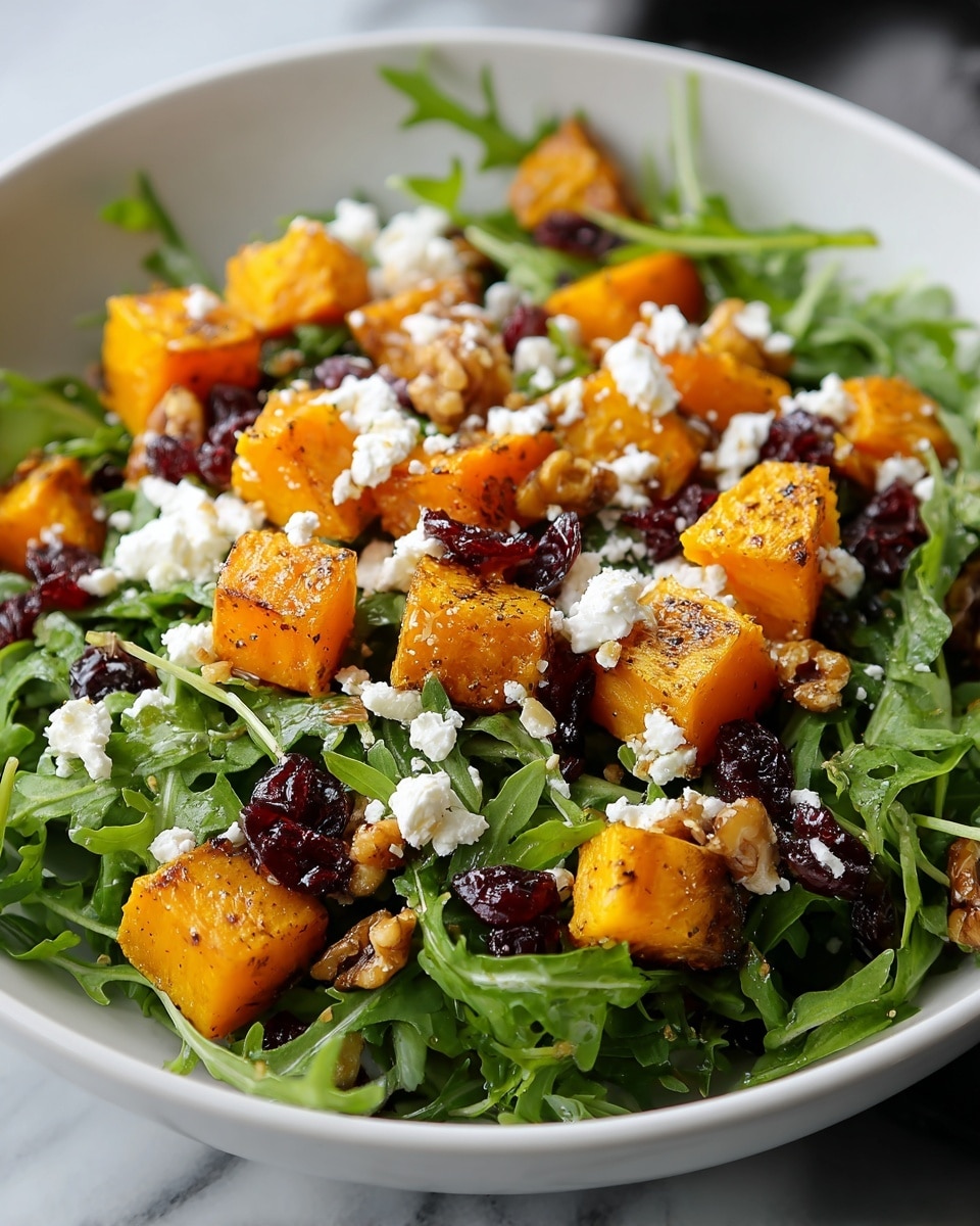 A white bowl filled with a fresh salad showing several layers: the bottom layer is bright green arugula leaves with a slightly jagged texture, topped with medium-sized orange roasted butternut squash cubes that have a light char and a glossy finish. Scattered among the squash are dark red dried cranberries and small crunchy walnut pieces. The salad is finished with crumbled white feta cheese sprinkled over everything, adding a soft and crumbly texture. The bowl sits on a white marbled surface, and the image captures the dish with sharp focus and natural lighting. photo taken with an iphone --ar 4:5 --v 7