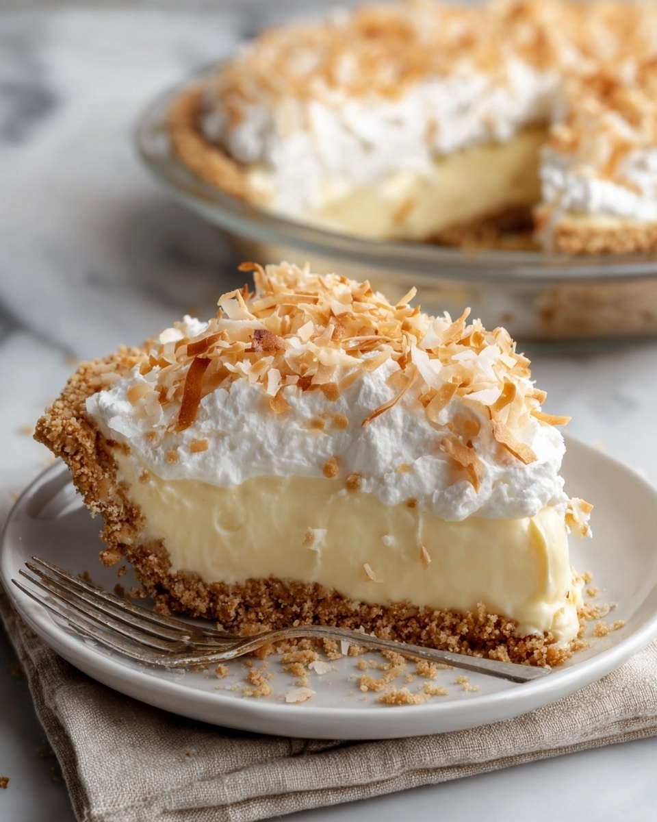 A slice of creamy pie is placed on a white plate with a crumbly light brown crust as the bottom layer. The middle layer is thick and pale yellow, smooth in texture. On top, there is a fluffy white whipped cream layer, generously spread, and covered with toasted coconut flakes in shades of golden brown. In the background, the rest of the pie is visible in a clear glass pie dish, showing the same layered textures. A metal fork rests beside the plate on a beige cloth, all set against a white marbled surface. photo taken with an iphone --ar 4:5 --v 7