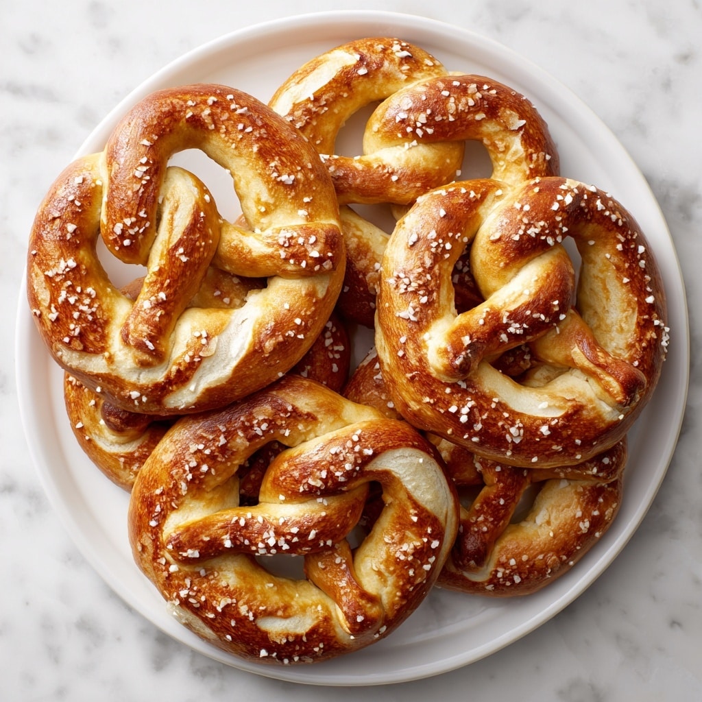 A white plate holds a pile of seven golden-brown sourdough pretzels, each with a smooth, slightly shiny surface and sprinkled with coarse white salt. The pretzels show a thick, twisted knot shape with light browning on some edges, and their soft texture is visible. The plate is set on a white marbled surface, and the background is bright and clean, making the pretzels the main focus. Photo taken with an iphone --ar 4:5 --v 7