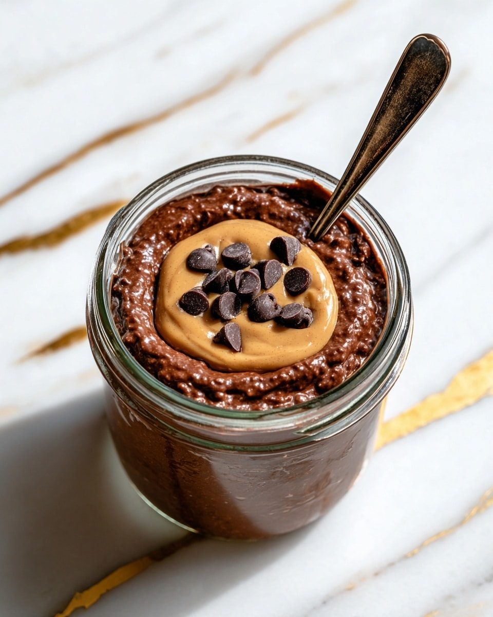 A glass jar filled with a thick, creamy chocolate mixture topped with a swirl of light brown peanut butter and scattered dark chocolate chips. The chocolate base has a textured, slightly chunky appearance. A vintage silver spoon is placed inside the jar, resting against the side. The jar sits on a white marbled surface with gold veined accents. photo taken with an iphone --ar 4:5 --v 7