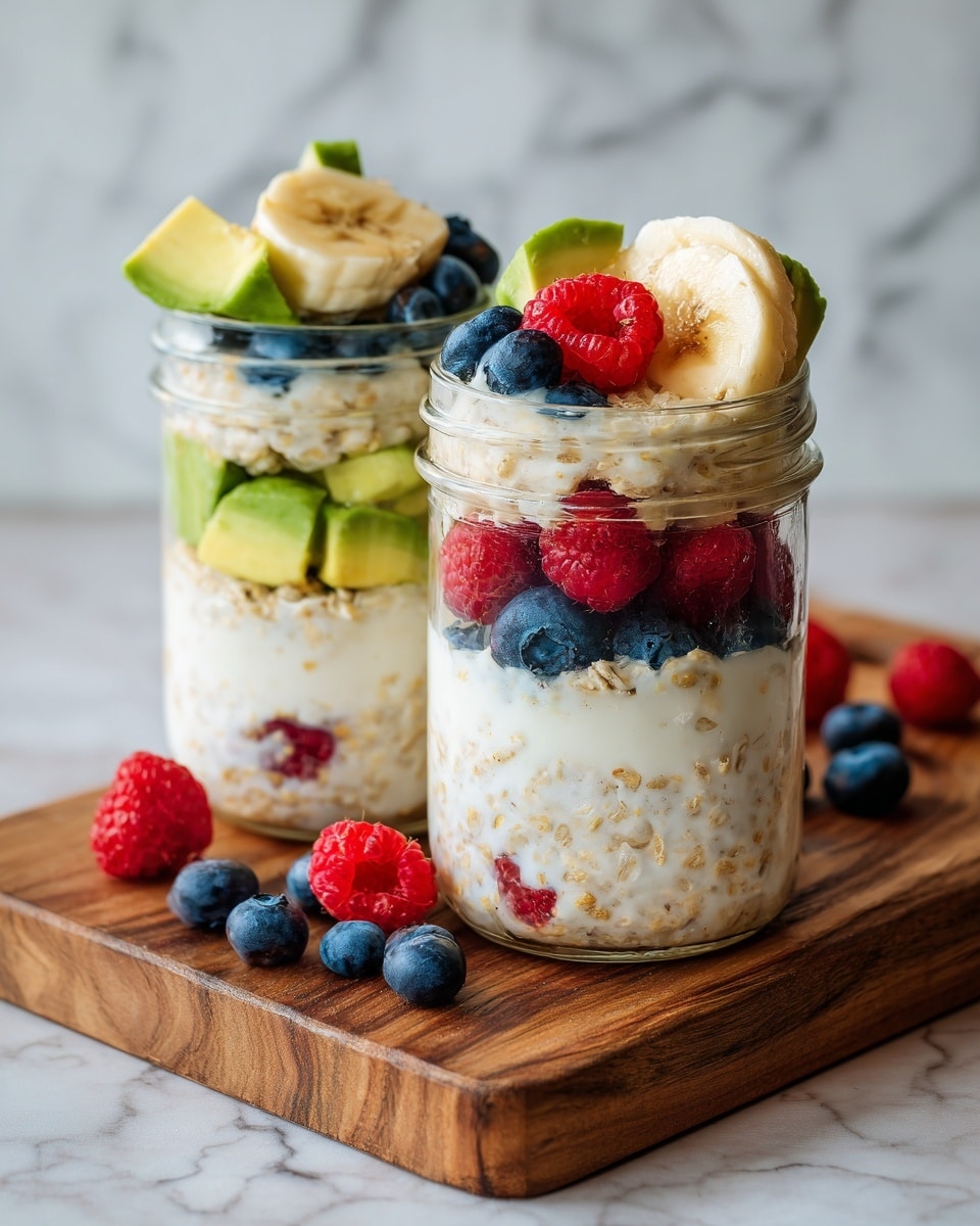 The image shows two glass jars filled with layers of creamy oatmeal and colorful fruit pieces, placed on a wooden board over a white marbled texture. Each jar has at least three layers with the bottom layer consisting of a thick, creamy oatmeal base. The middle layer alternates between chunks of green avocado and various berries. The top layer is a mix of sliced yellow banana, bright green avocado cubes, red raspberries, and dark blue blueberries, creating a vibrant and fresh look. The jars show clear separation between each layer, highlighting the texture of both the creamy oatmeal and the soft, juicy fruits. Photo taken with an iphone --ar 4:5 --v 7