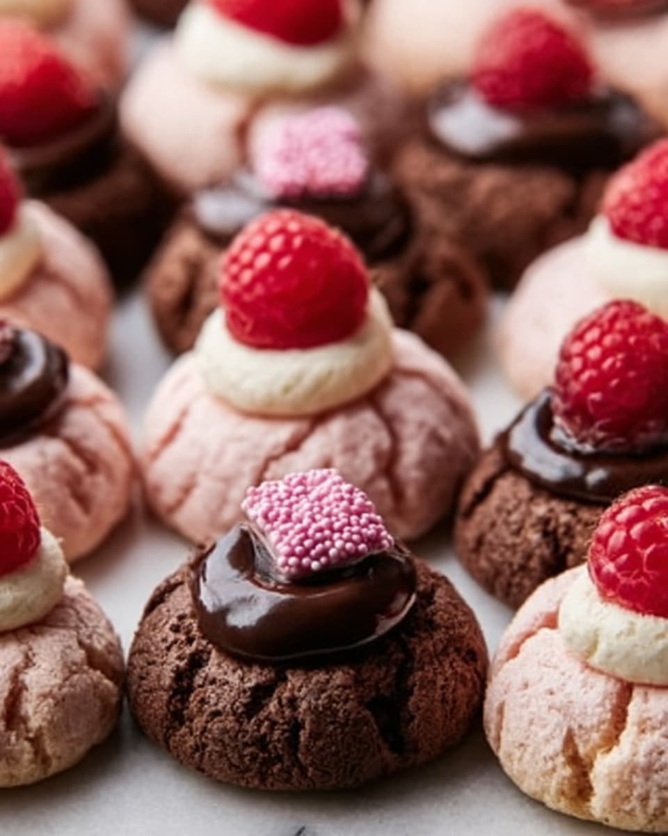 The image shows a close-up of small round cookies arranged closely together on a white marbled surface. There are two types of cookies: one is light pink with a powdery texture, topped with a smooth white cream and a single fresh raspberry; the other is dark brown with a cracked, rich texture, topped with shiny chocolate ganache and a raspberry, or white cream with small pink candy pieces and a small square of dark chocolate. The cookies are arranged in rows, with the colors and toppings alternating, creating a colorful and inviting look. Photo taken with an iphone --ar 4:5 --v 7