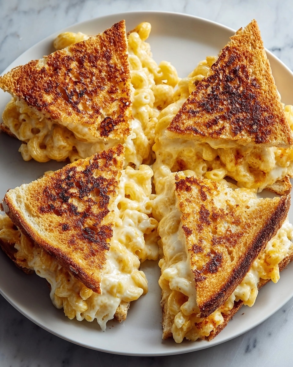 The image shows a plate with five triangular slices of grilled quesadillas filled with creamy macaroni and cheese. Each quesadilla slice has two layers: a golden-brown, crispy tortilla with a slightly charred texture on the outside and smooth, gooey macaroni pasta in creamy cheese sauce in the middle, with some macaroni peeking out from the edges. The quesadillas are stacked close together on a white plate, which rests on a gray cloth on a white marbled surface. The lighting highlights the shiny cheese and the crispy texture of the tortilla. Photo taken with an iphone --ar 4:5 --v 7