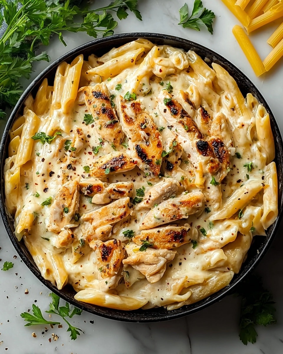 A black round bowl filled with creamy pasta dish showing three main layers; the base layer has pale yellow penne pasta scattered throughout, the middle layer contains a thick, white cream sauce enveloping the pasta, and the top layer has lightly browned, grilled chicken pieces spread evenly over the pasta. Small green parsley bits and black pepper flakes are sprinkled on top, adding touches of green and black contrast. The bowl sits on a white marbled surface with some parsley leaves around it, and a bit of pasta is seen in the top right corner. photo taken with an iphone --ar 4:5 --v 7