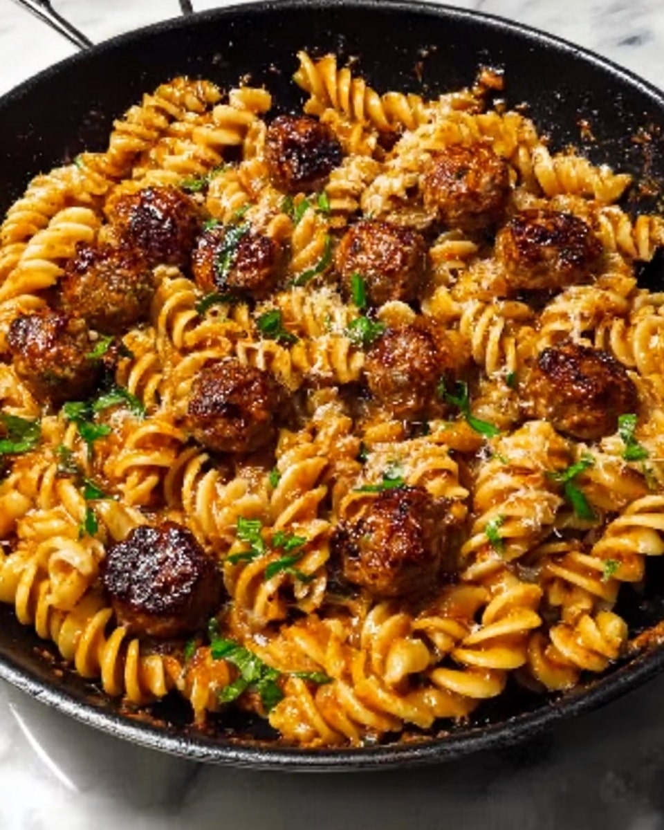 A close-up view of a black skillet filled with rotini pasta cooked in a rich orange-brown sauce, topped evenly with small browned meatballs that have a slightly crispy texture. The dish is garnished with small bits of green herbs scattered throughout, adding some fresh color contrast. The skillet rests on a white marbled surface. Photo taken with an iphone --ar 4:5 --v 7