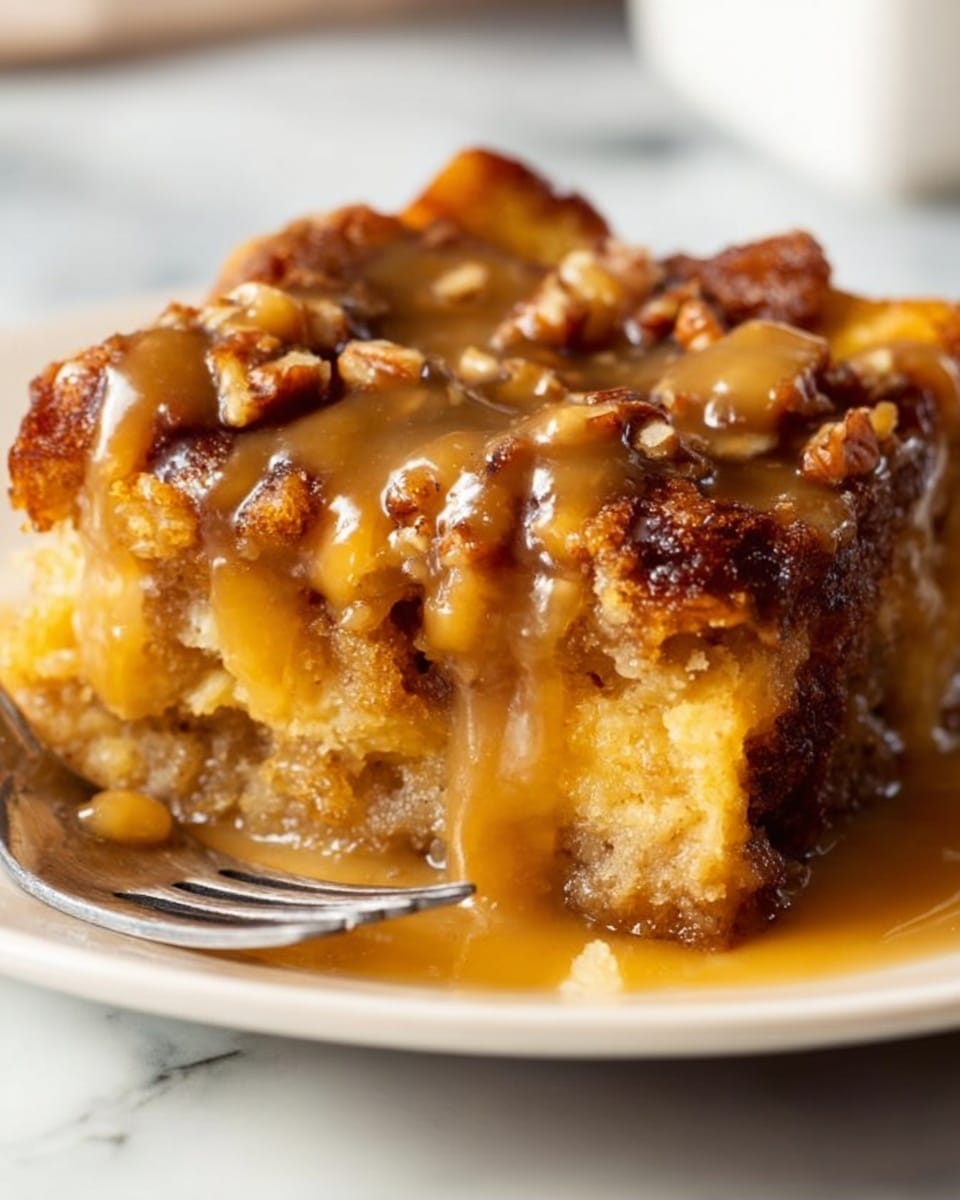 A close-up of a square piece of bread pudding on a white plate, showing three visible layers: a thick, golden brown base with a soft, spongy texture, a middle layer with chunks of darker brown nuts and bread pieces, and a glossy caramel-colored sauce generously covering the top and sides, giving it a shiny, sticky look. A woman's hand is partially holding a silver fork next to the dessert. The background is a soft white marbled texture. photo taken with an iphone --ar 4:5 --v 7