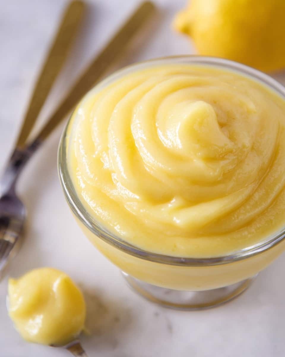 A close-up view of a small glass bowl filled with smooth, creamy yellow lemon curd, showing a glossy texture on top with swirled peaks. In the background, slightly out of focus, there is a small dollop of lemon curd on the white marbled surface, along with silver and gold cutlery. The lighting highlights the shiny, soft texture of the curd, giving it a fresh and rich look. photo taken with an iphone --ar 4:5 --v 7