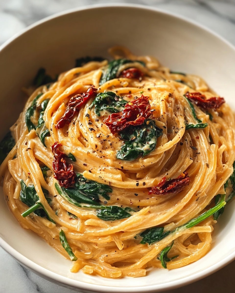A white bowl holds a swirl of spaghetti noodles coated in creamy light orange sauce, with fresh dark green spinach leaves mixed throughout the pasta. On top, there are scattered pieces of deep red sun-dried tomatoes, along with a light sprinkle of black pepper. The noodles appear glossy and rich, resting against a white marbled surface in soft natural light. photo taken with an iphone --ar 4:5 --v 7