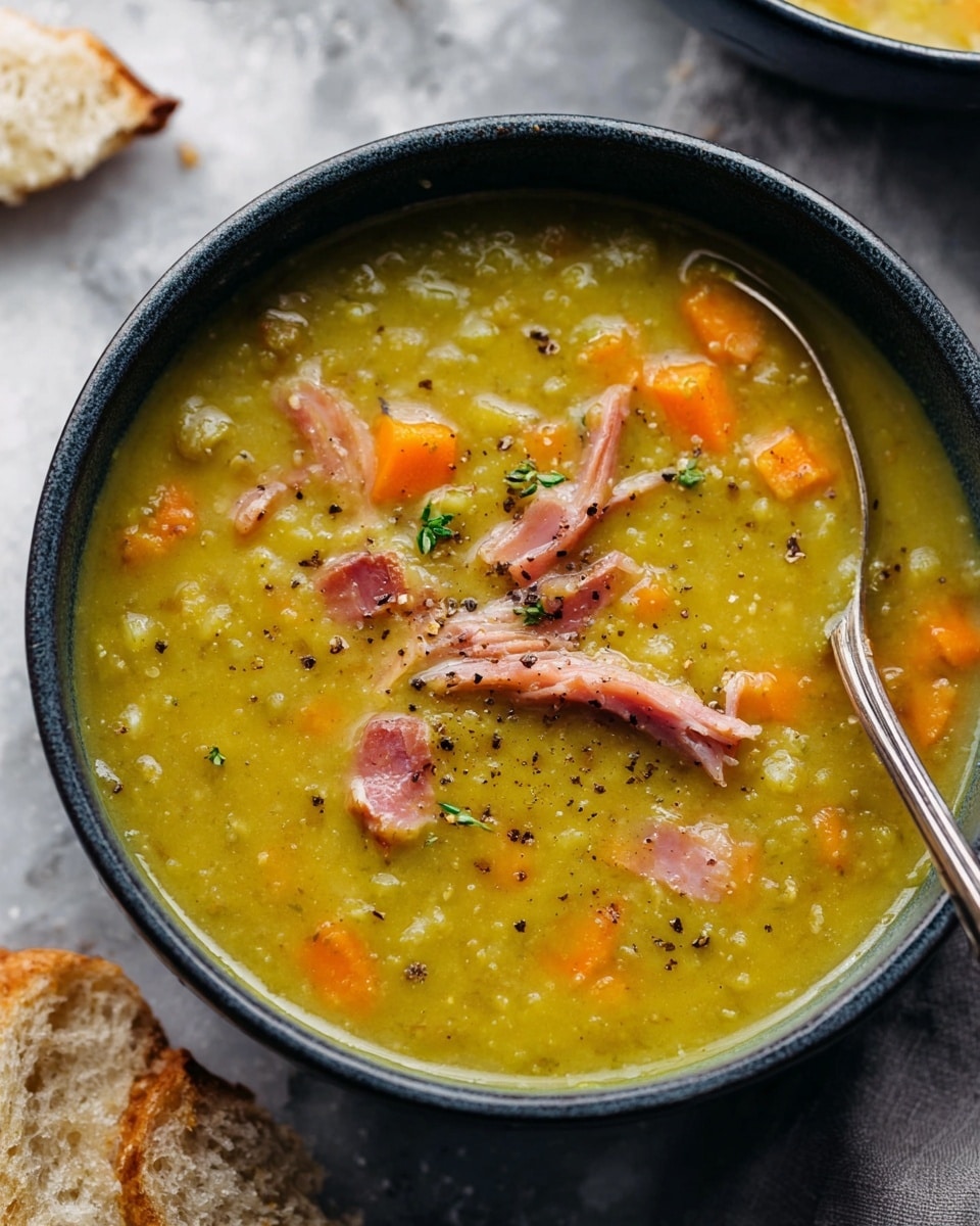 A dark bowl filled with thick yellow-green split pea soup, showing soft chunks of orange carrots and light green celery mixed inside. Pinkish shredded ham pieces are scattered on the surface, with small green herb leaves sprinkled on top. Black pepper is lightly ground over the soup, and a silver spoon rests on the right side of the bowl. The setting is on a white marbled texture with torn pieces of light brown bread partially seen at the bottom left corner. photo taken with an iphone --ar 4:5 --v 7
