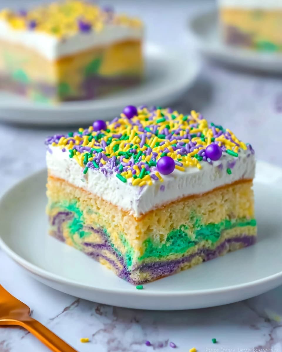 A three-layer square cake slice on a white plate shows a colorful bottom sponge layer with green, purple, and yellow marbled patterns, topped by a thin pale yellow cream filling, and finished with a thick white frosting layer sprinkled with small yellow, green, and purple rod-shaped sprinkles along with a few small round purple sprinkles evenly spread on the top. The surface beneath the plate has a white marbled texture, and an orange fork is partially visible at the bottom left. Another cake slice blurred in the background sits on a white plate. photo taken with an iphone --ar 4:5 --v 7
