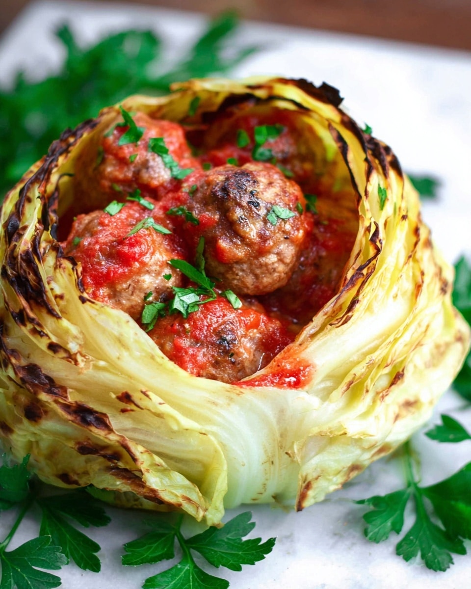 A bowl made from roasted cabbage leaves with a layered, slightly charred light yellow-green outer shell holds several round meatballs coated in a glossy red tomato sauce. The meatballs are light brown with green herbs sprinkled on top. The bowl sits on a white marbled surface with fresh green parsley around it, adding a fresh touch at the edges. photo taken with an iphone --ar 4:5 --v 7