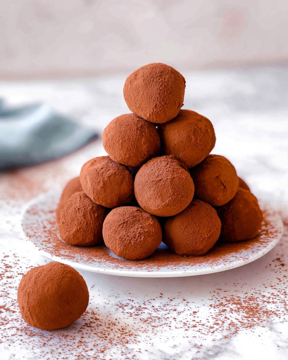 A white plate sits on a white marbled surface, stacked in a pyramid shape with three visible layers of round chocolate truffles. Each truffle is dark brown, covered in a fine layer of cocoa powder giving them a soft, dusty texture. The bottom layer has six truffles, the middle has four, and the top has one, with one extra truffle placed separately on the marble surface next to the plate. Cocoa powder dust is scattered lightly around the plate, adding a rustic touch to the scene. The photo taken with an iphone --ar 4:5 --v 7