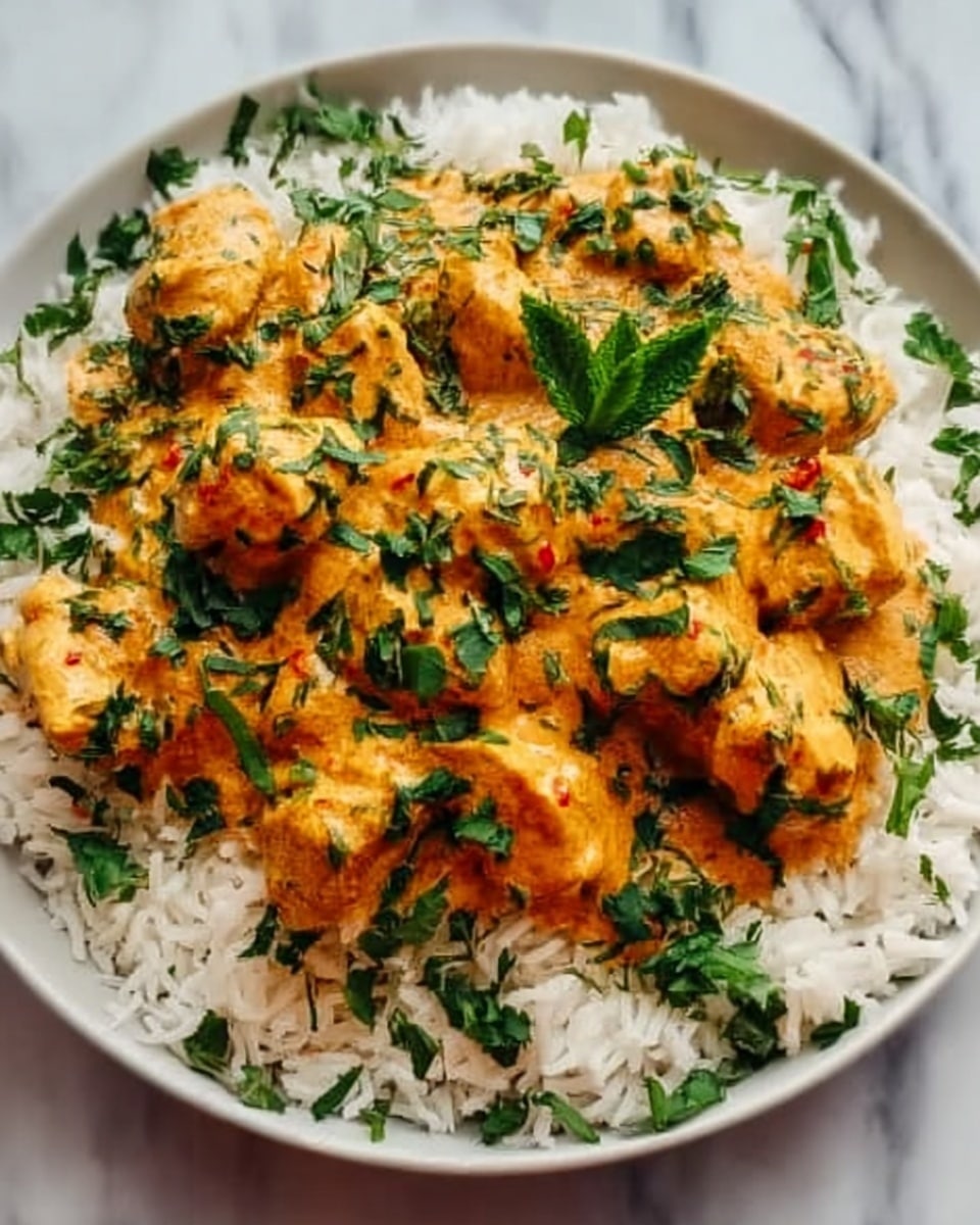 The image shows a dish of white rice topped with creamy orange curry chicken pieces, scattered with finely chopped fresh green herbs that add a pop of color. The chicken pieces are coated in a smooth, rich sauce, and the herbs are spread evenly over the top. The dish is presented on a white plate resting on a white marbled surface, highlighting the colors of the food. photo taken with an iphone --ar 4:5 --v 7