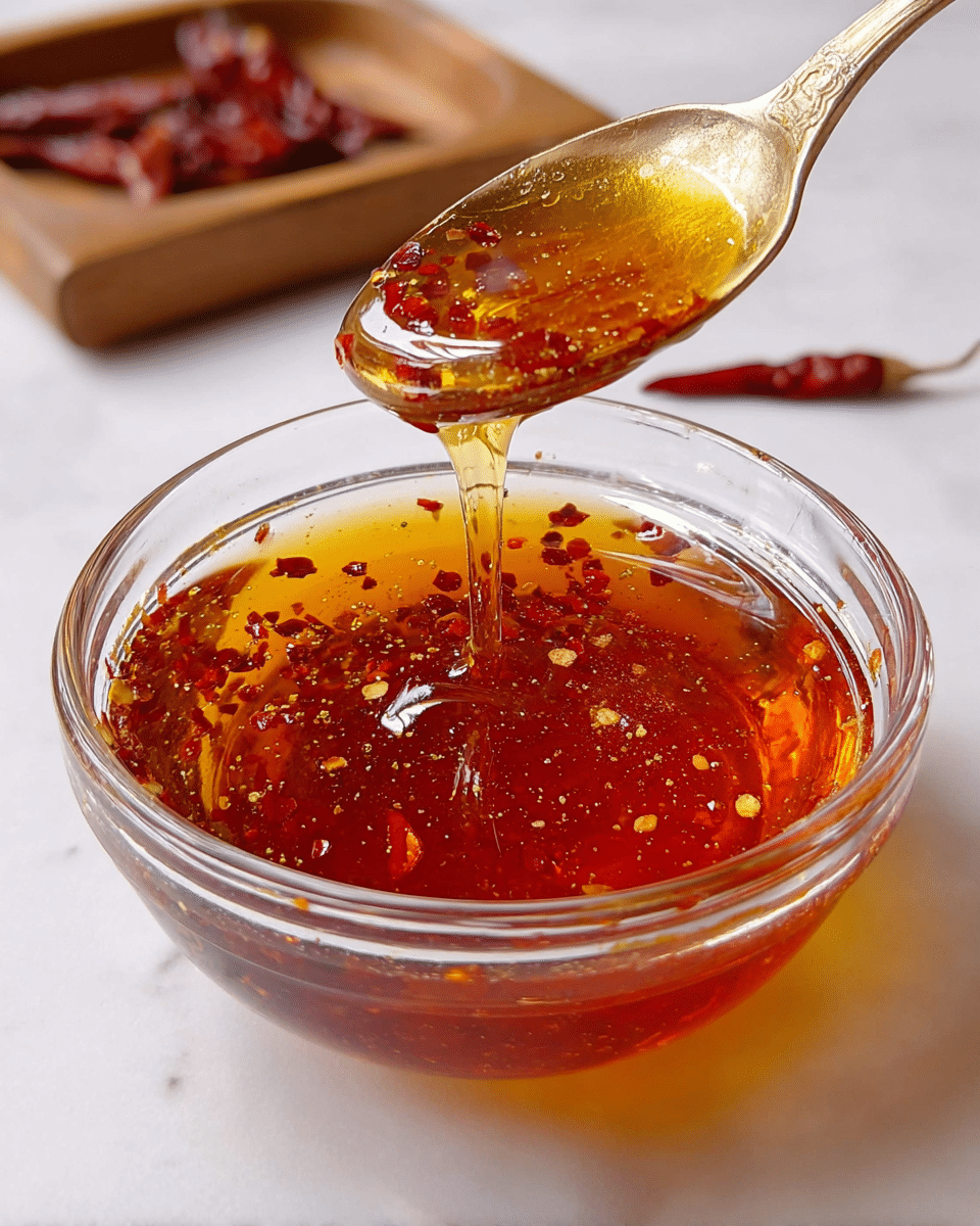 A clear glass bowl filled with golden red chili oil that has red chili flakes mixed throughout, showing a smooth, oily texture with some tiny bubbles on the surface. A spoon above the bowl is catching and dripping the thick chili oil back into the bowl, with more chili flakes clinging to it. The scene is set on a white marbled surface with some dried red chilies and a wooden tray blurred in the background. photo taken with an iphone --ar 4:5 --v 7