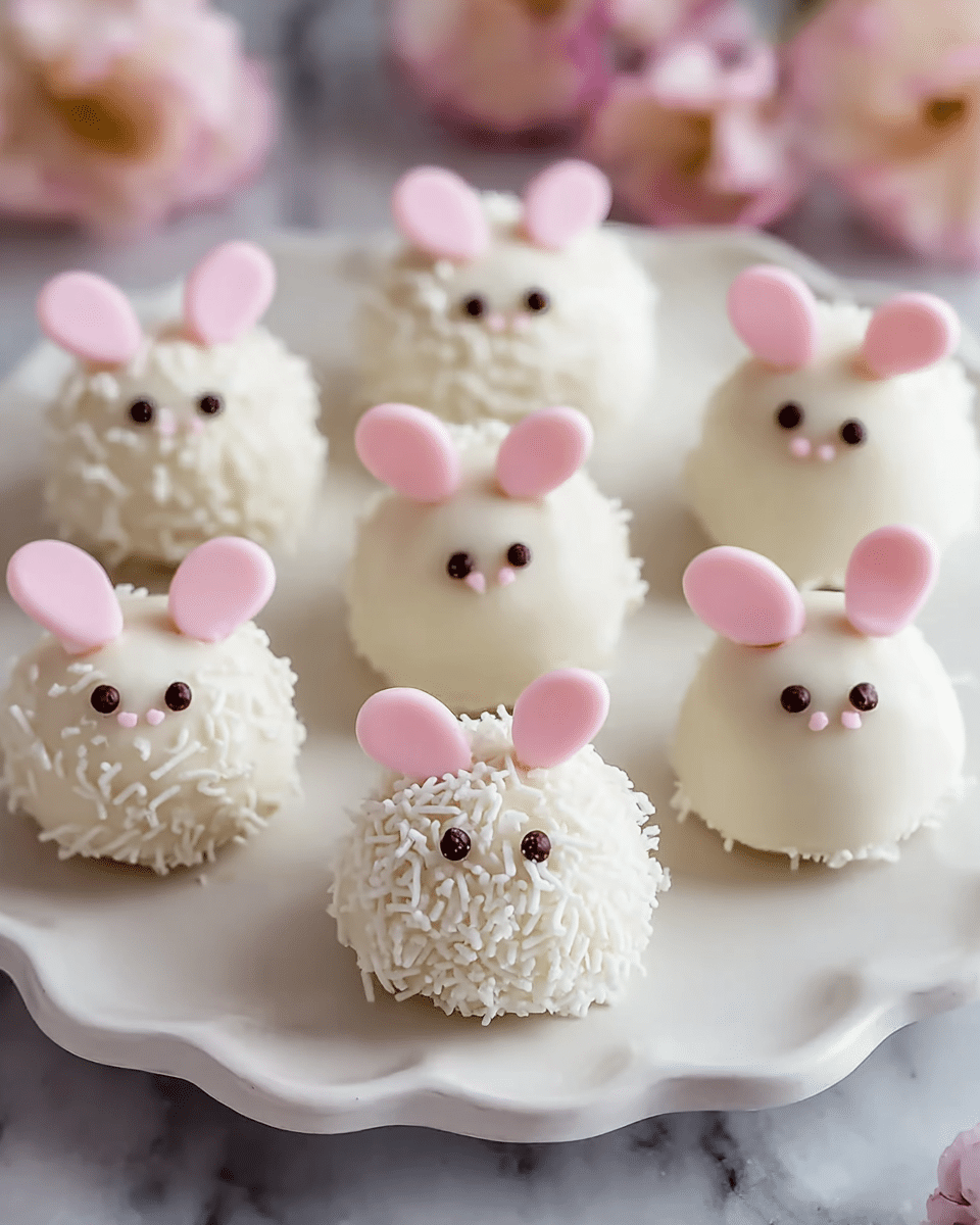 Seven small round treats are placed on a white plate with a scalloped edge, set on a white marbled surface. Each treat is covered with smooth white coating, with some decorated with white sprinkles covering most of their surface, adding texture. All have two small black dots as eyes near the front center and two pink oval-shaped candy pieces on top to resemble bunny ears. The background shows hints of soft pink flowers out of focus. photo taken with an iphone --ar 4:5 --v 7