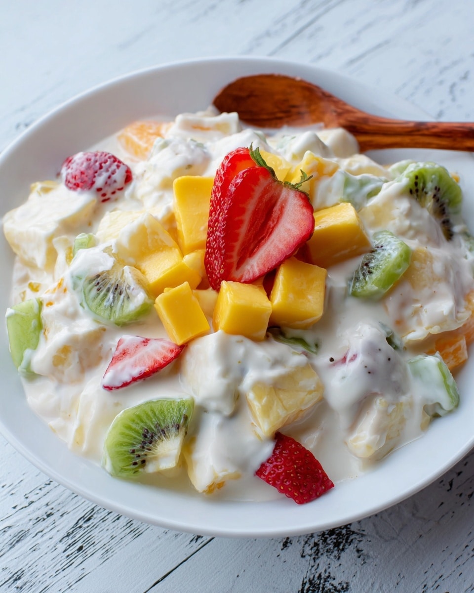 A white plate filled with creamy white fruit salad containing visible chunks of green kiwi, yellow mango, orange pieces, red strawberries, and white pineapple. In the center, there is a small pile of bright yellow mango cubes with a thinly sliced red strawberry fan and a chunk of green kiwi next to it. The creamy salad has a smooth, thick texture with fruit pieces scattered throughout. A wooden spoon rests on the edge of the plate. The dish is placed on a white marbled textured surface. photo taken with an iphone --ar 4:5 --v 7