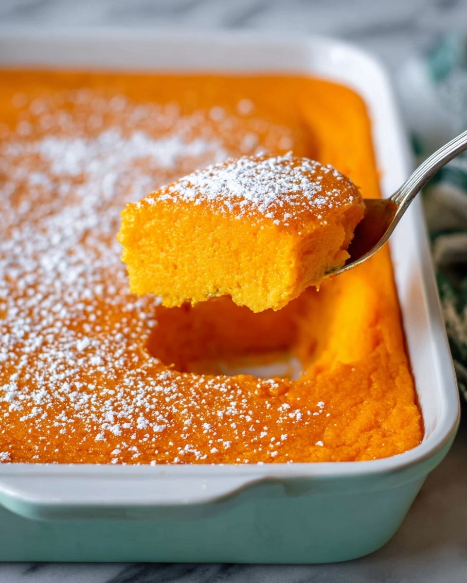 A bright orange, smooth and fluffy pumpkin dessert fills a white baking dish, with a single scoop lifted by a metal spoon showing its soft texture. The top layer is dusted evenly with white powdered sugar, adding a slight contrast to the vibrant orange surface. The shape of the baking dish is rectangular with rounded edges, and the background features a white marbled surface. The composition highlights a fresh, creamy and inviting look of the pumpkin dessert with one layer of vivid orange with a soft texture. Photo taken with an iphone --ar 4:5 --v 7