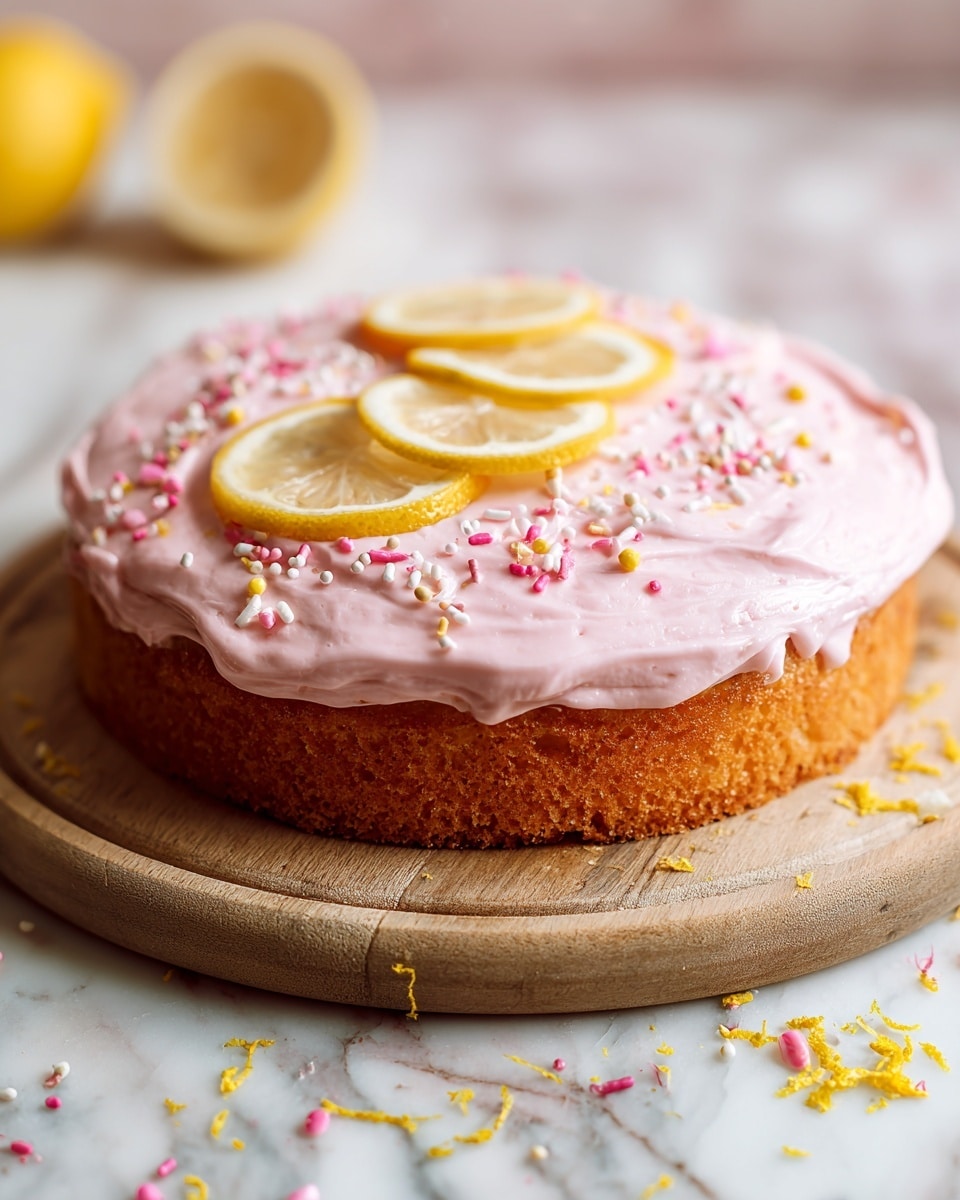 A single-layer pink cake with a soft, spongy texture sits on a wooden board. The cake is covered with a thick, smooth layer of light pink frosting, spread evenly on top. On the frosting, there are three thin lemon slices arranged in a slight diagonal line near the back edge. Scattered across the frosting are small, colorful sprinkles in white, pink, and yellow, adding a playful touch. The wooden board has some yellow zest and sprinkle crumbs around the cake. The background shows a white marbled surface with a blurred lemon in the back left. Photo taken with an iphone --ar 4:5 --v 7