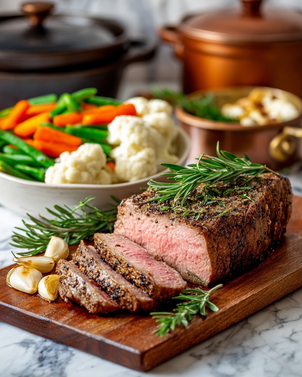 The image shows a thick, juicy steak on a wooden cutting board with one large unsliced piece and three thick slices in front, each with a brown crust and tender pink center. On the board next to the steak are roasted garlic cloves and fresh green rosemary sprigs. Behind the cutting board, there is a white bowl filled with colorful cooked vegetables including orange carrot sticks, green beans, and white cauliflower. The surface is a white marbled texture, enhancing the colors and textures of the food. photo taken with an iphone --ar 4:5 --v 7