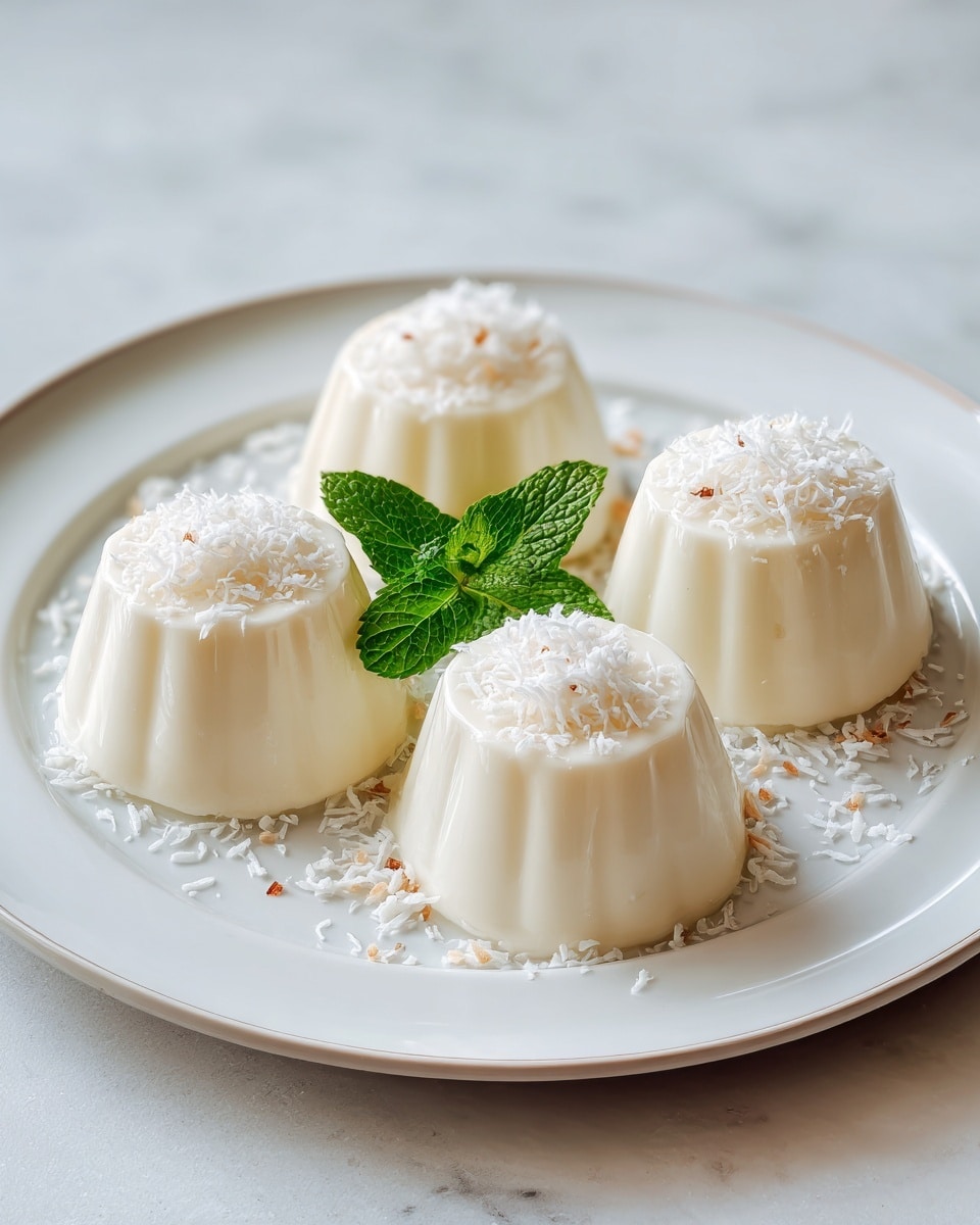 The image shows four small round panna cotta desserts, each pale creamy white with a smooth, glossy texture and slightly tapered sides. They are placed evenly spaced on a white plate with a thin rim, arranged in a square shape. Each panna cotta has a small pile of finely shredded white coconut on top, adding a soft, textured layer. In the center of the plate between the panna cottas is a fresh green mint leaf garnish with distinct veins and a slightly shiny surface. Small bits of shredded coconut are scattered lightly around the desserts on the plate. The whole setup sits on a white marbled surface with soft natural lighting illuminating the creamy desserts gently. photo taken with an iphone --ar 4:5 --v 7