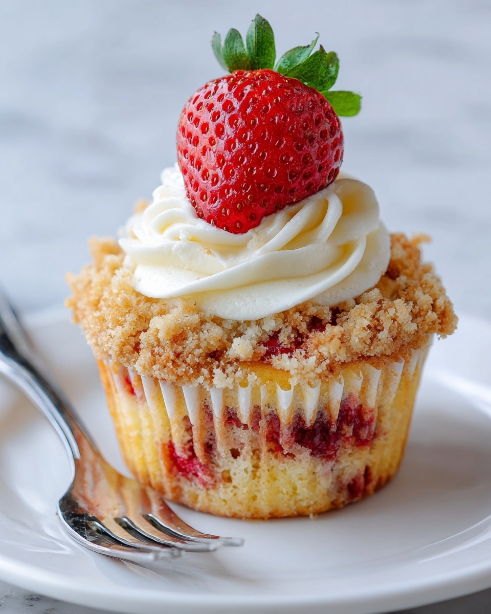 A close-up of a crumb-topped muffin with three visible layers: the bottom layer is a soft, light yellow cake with red berry pieces inside; the middle layer is a topping of crumbly, golden-brown streusel with a crunchy texture; the top layer is a swirl of smooth, white cream in the center, topped with a fresh, bright red strawberry with green leaves. The muffin sits on a white plate with a shiny metal fork next to it, placed on a white marbled surface. Photo taken with an iphone --ar 4:5 --v 7