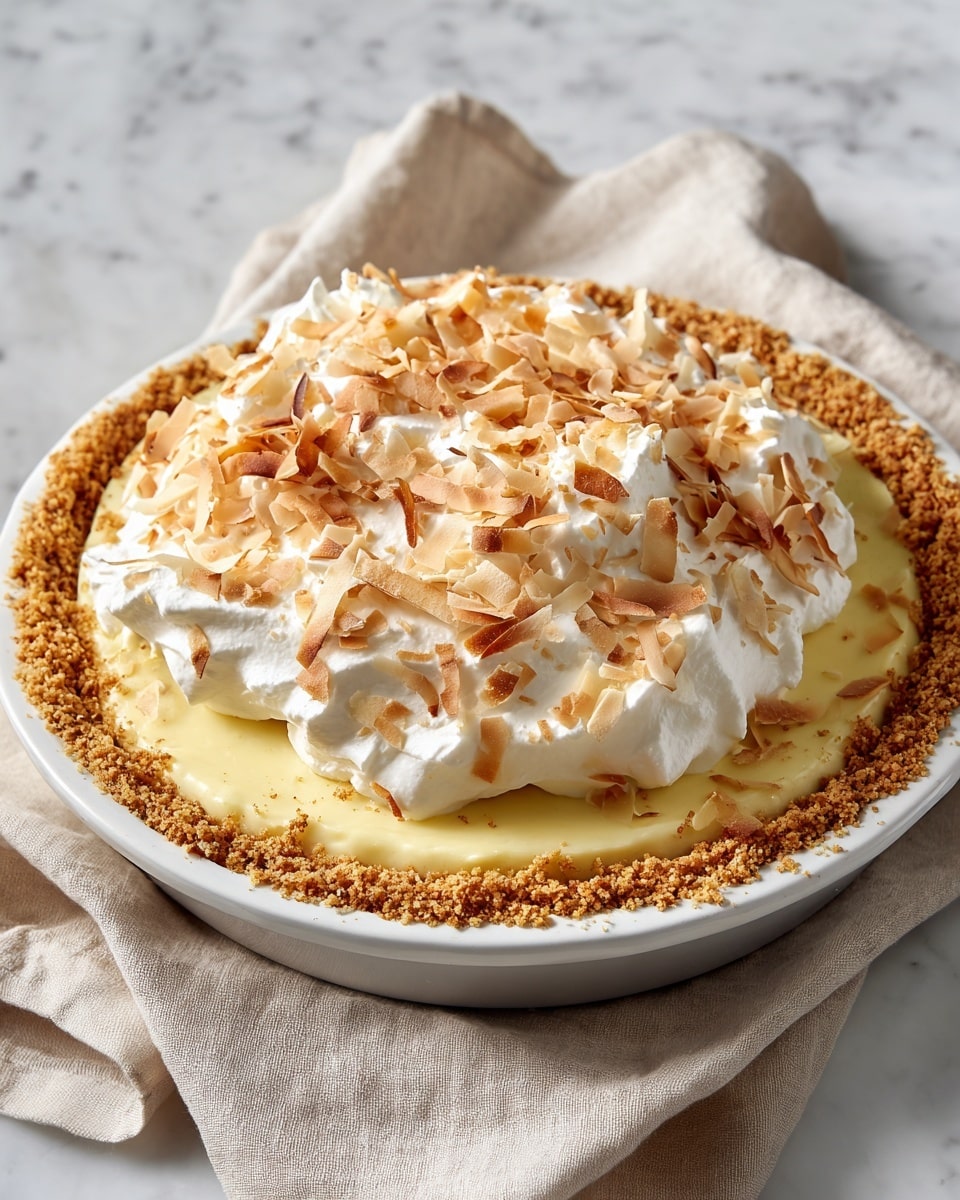 A creamy pie sits in a white dish with a crumbly golden-brown graham cracker crust. The pie has three visible layers: the bottom crust, a thick pale yellow custard filling in the middle, and a fluffy white whipped cream topping that looks soft and airy on top. The whipped cream is covered with light brown toasted coconut flakes, scattered evenly across the surface. The pie is placed on a beige cloth over a white marbled background. photo taken with an iphone --ar 4:5 --v 7