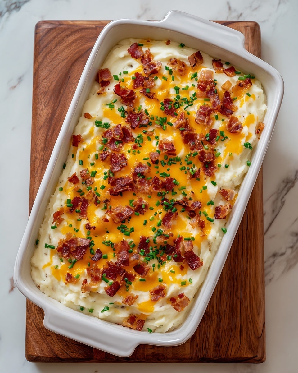 The image shows a white rectangular baking dish filled with a layered casserole. The bottom layer is creamy mashed potatoes, smooth and white. On top, there is a layer of melted yellow cheddar cheese that covers most of the surface unevenly. Scattered over the cheese are small, crispy pieces of golden brown bacon. The dish is sprinkled with finely chopped green chives, adding a fresh pop of color. The baking dish is placed on a wooden board, all set on a white marbled surface. photo taken with an iphone --ar 4:5 --v 7