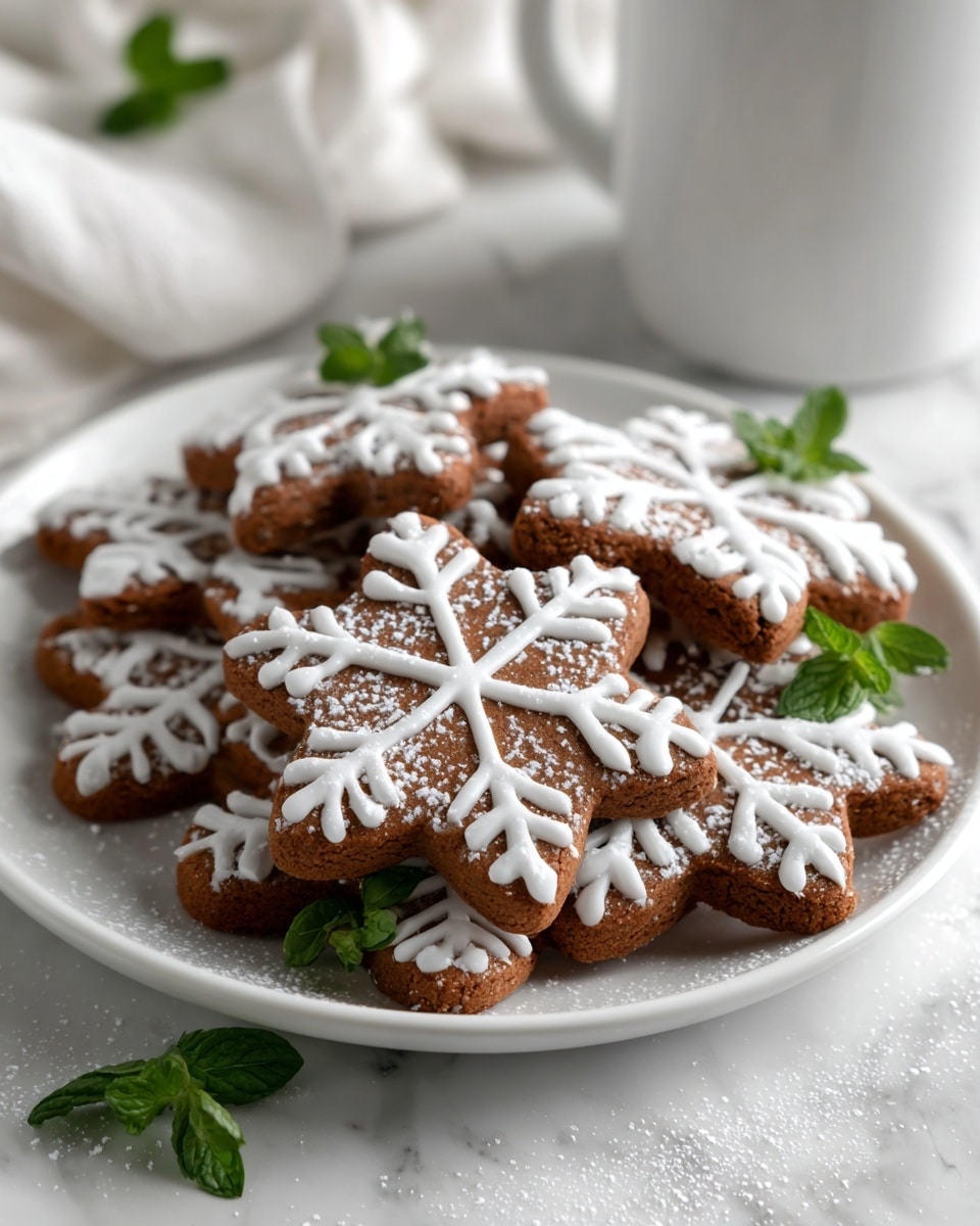 On a white plate, there are several brown snowflake-shaped cookies with thick white icing forming detailed snowflake patterns on top, each cookie decorated slightly differently. The cookies are layered slightly over each other and dusted lightly with powdered sugar, giving a soft, snowy effect. Small fresh green mint leaves are placed on the cookies, adding a fresh contrast to the warm brown and white colors. The plate is set on a white marbled surface, and there is a white mug blurred in the background. photo taken with an iphone --ar 4:5 --v 7
