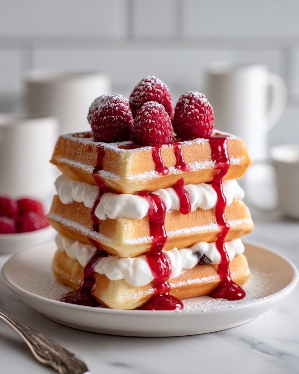 A stack of three waffle layers sits neatly on a white plate, each waffle golden brown with visible chocolate chips inside, giving a textured look. Between the bottom and middle waffle layers is a thick layer of smooth white cream, repeated again between the middle and top waffle. Over the top waffle, a bright red raspberry sauce drips down the sides in shiny streaks. On top of the stack, six fresh red raspberries are placed, dusted lightly with powdered sugar that also decorates the plate around the waffles. The background shows a white marbled surface with soft-light blurred white cups and jars. photo taken with an iphone --ar 4:5 --v 7