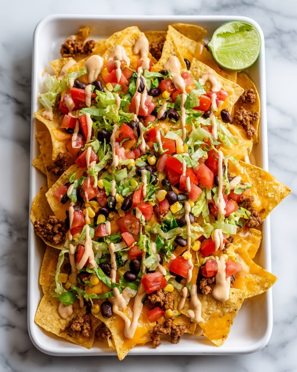 A white tray filled with a large pile of nachos layered with crispy, yellow corn chips at the base, topped with seasoned ground meat in small brown chunks scattered throughout. There are fresh, chopped red tomatoes, black beans, and yellow corn kernels spread evenly over the chips. Shredded orange cheddar cheese is sprinkled thickly across the top, along with shredded lettuce adding a light green texture. The whole dish is drizzled with a creamy, light beige sauce. A lime wedge is placed at the back corner of the tray. The scene is set on a white marbled texture surface. photo taken with an iphone --ar 4:5 --v 7