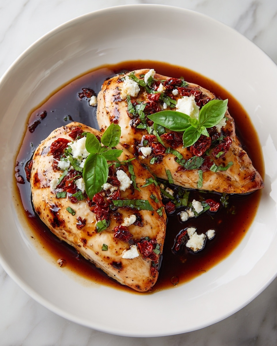 Two cooked chicken breasts sit side by side in a shallow pool of dark shiny sauce on a white plate. The chicken is golden brown with a glossy glaze and has small grill marks. On top, there are fresh dark green basil leaves, small white crumbles of cheese, and bright red chopped pieces of sun-dried tomatoes scattered evenly. The plate is placed on a white marbled surface. photo taken with an iphone --ar 4:5 --v 7