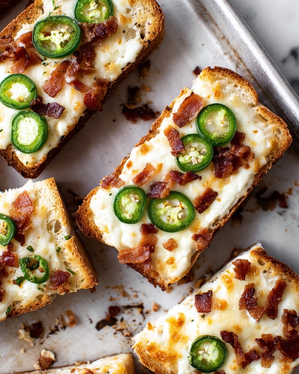 The image shows several slices of bread topped with melted white cheese, with green jalapeño slices placed evenly on top, and small pieces of crispy bacon scattered over the cheese. The bread edges are golden brown and slightly crisp, while the cheese looks creamy and smooth. The bread pieces are arranged in a row on a metal baking tray with some crumbs around. The background is a white marbled texture. photo taken with an iphone --ar 4:5 --v 7