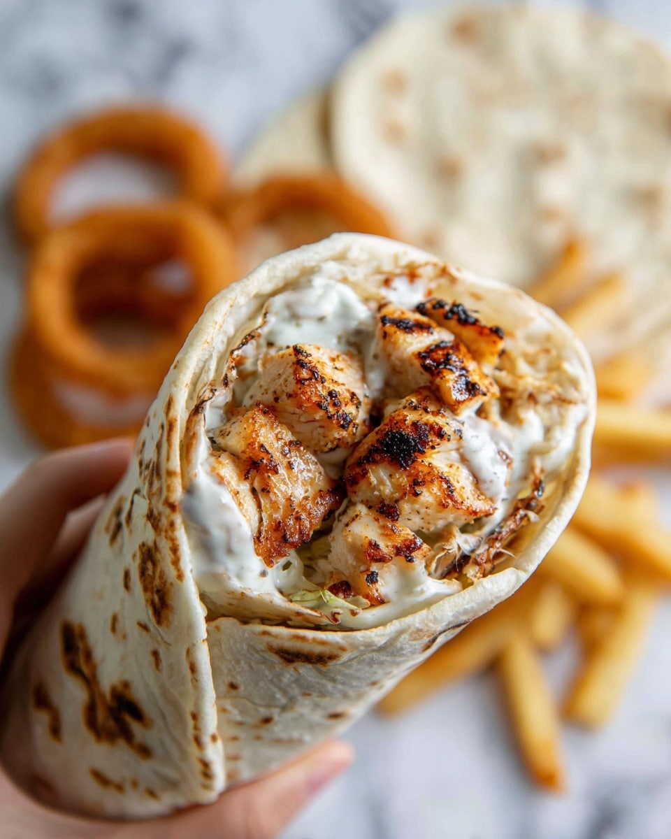 The image shows a close-up of a wrap held by a woman's hand, filled with grilled chicken pieces that are golden brown with some char marks. The chicken is topped with a smooth white sauce that looks creamy and is unevenly spread over the top. The wrap is soft and slightly toasted with light brown spots, folded gently around the filling. In the background, there are white soft tortillas, onion rings, and some fries placed on a white marbled surface, adding context but softly blurred to keep the focus on the wrap. Photo taken with an iphone --ar 4:5 --v 7