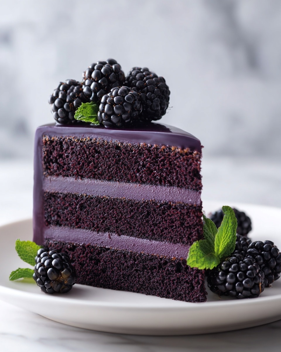 A slice of dark purple-black layered cake with three thick sponge layers separated by smooth, glossy deep purple frosting. The top layer is covered with a shiny, reflective glaze of the same dark purple color. On top, there are several blackberries grouped together, adding a natural texture. On the white plate beside the cake, there are a few more blackberries and a small green mint leaf for contrast. The background shows a soft-focus white marbled texture. photo taken with an iphone --ar 4:5 --v 7