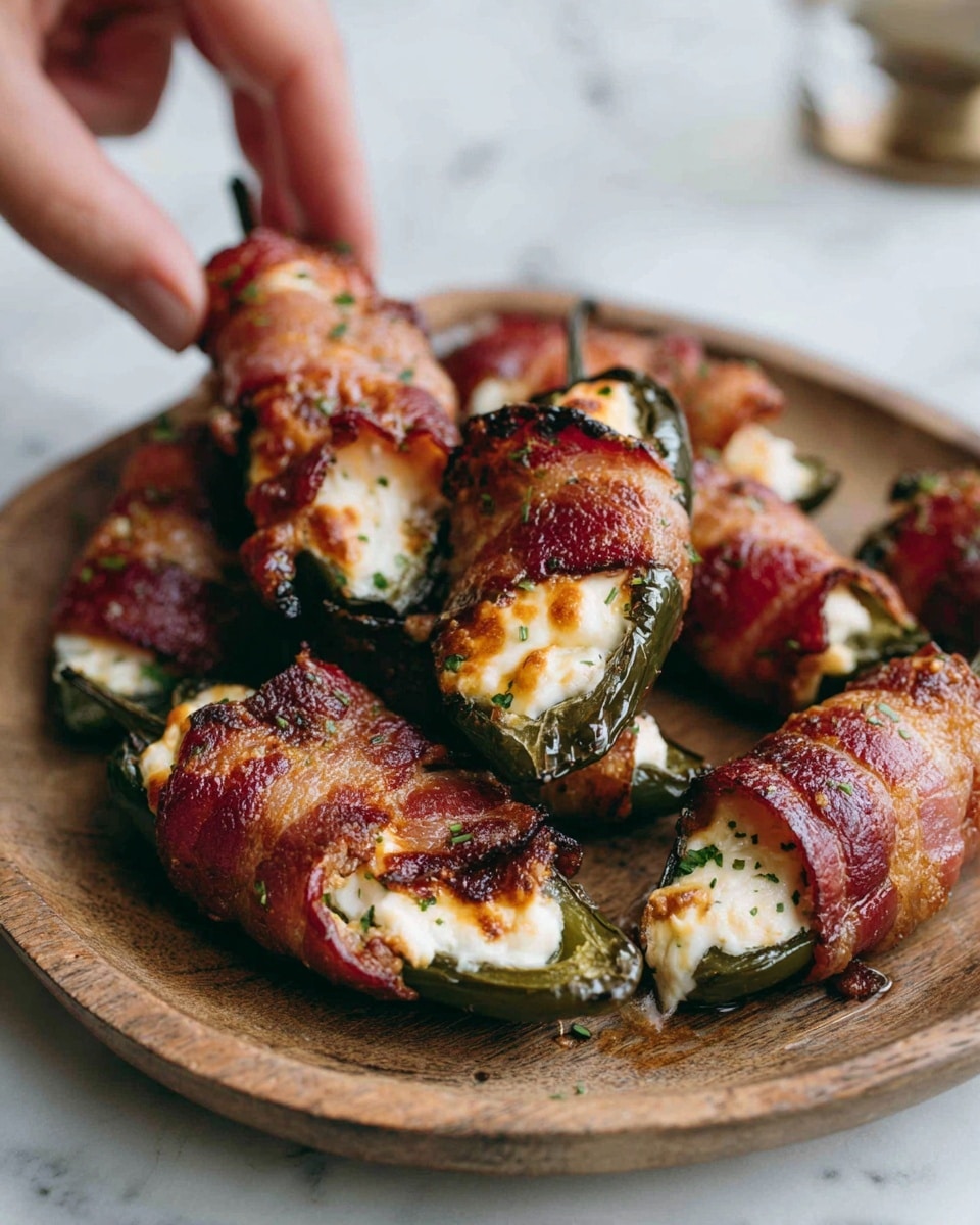 A close-up image shows a wooden plate filled with several jalapeño peppers, each stuffed with creamy white cheese and wrapped tightly in cooked bacon that is crispy and reddish-brown with some golden melted cheese sprinkled on top. The peppers are dark green, slightly charred in some spots, and the cheese inside looks soft and gooey, slightly oozing out from the open ends. The wooden plate sits on a white marbled surface, and in the background, a woman's hand is seen reaching towards the plate. photo taken with an iphone --ar 4:5 --v 7